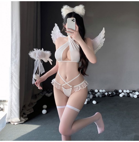 FEE ET MOI - Sexy Cross-Strap Bikini With Stockings (White)